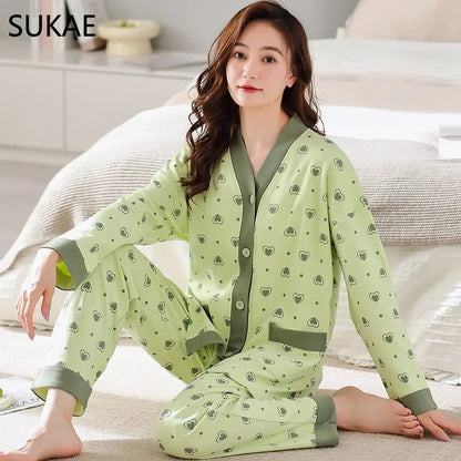 SUKAE New M-5XL Autumn Winter New Cotton Women Pajamas Lady Loungewear Kimono Cardigan Long Sleeves V-neck Homesuit