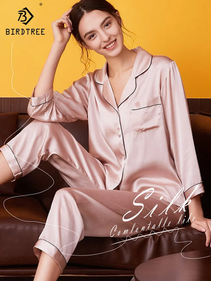 100% Silk Pajamas Set for Women Summer and Autumn Long-sleeved Mulberry Home Service Silk Women's Pocket