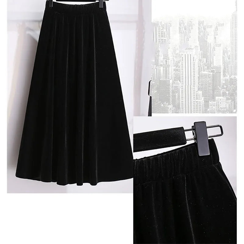 Women Large Size 4XL A-line Long Skirts Autumn Winter Ladies High Waist Skirt New Female Golden Velvet Maxi Skirt