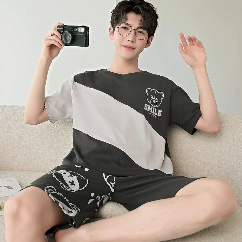 2025 Summer Men’s Sleepwear Cotton Cartoon Pajamas Sets For Man Short Loungewear Young Home Wear Fasion Student Pyjama Set Homme