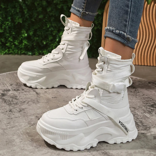 White Chunky Platform Motorcycle Boots Women Buckle Lace Up Thick Bottom Ankle Boots Woman 2025 Autumn Fashion Vulcanized Shoes