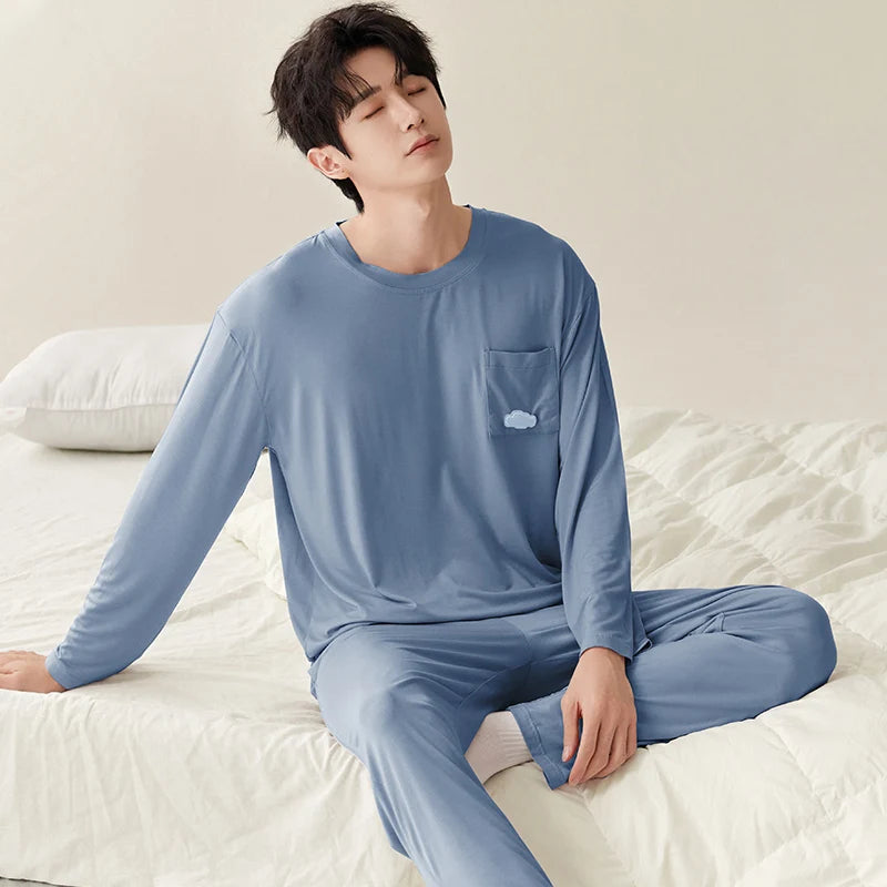 Men Pajamas Solid Color Casual Long Sleeves Long Pants Autumn Winter Simple Sleepwear Cozy Pijamas Soft Pyjamas Boys Nighty Male