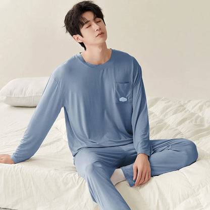 Men Pajamas Solid Color Casual Long Sleeves Long Pants Autumn Winter Simple Sleepwear Cozy Pijamas Soft Pyjamas Boys Nighty Male