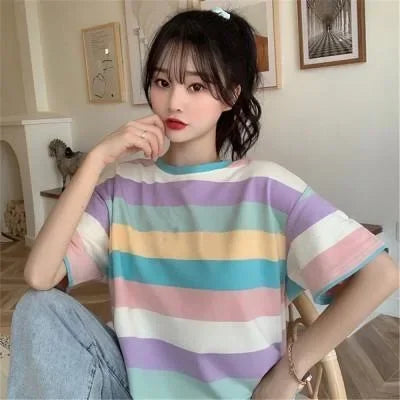 Spring Summer New Arrival Korean Style Rainbow Casual Loose Fit Short Sleeve T-shirt Women's Trendy Student Top Wholesale