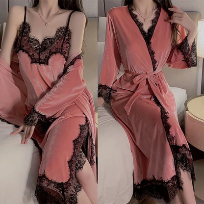 Women Warm Velour Homewear Long Kimono Robe Cami Sleepwear Burgundy Bathrobe Set Sexy Nightgown Winter Robe Suit Loungewear