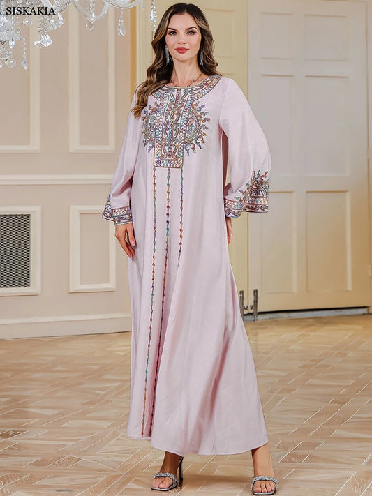 Siskakia Muslim Rope Embroidery Abaya For Woman With Beading O-Neck Elegant Casual Moroccan Saudi Loose Kaftan Dubai Robe