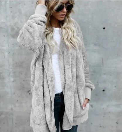 Autumn Winter Double Fleece Cardigan Jacket Women Solid Color Long Sleeve Plush Warm Hooded Lady Jacket Oversized Outerwear Coat