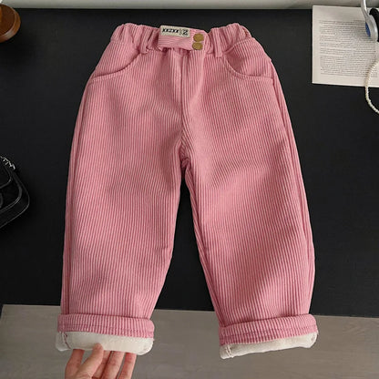 Kids Warm Pants Boy Girls Autumn Winter Corduroy Thick Outer Wear Sports Trousers 1-9Y Children Clothes Casual High Waist Pants