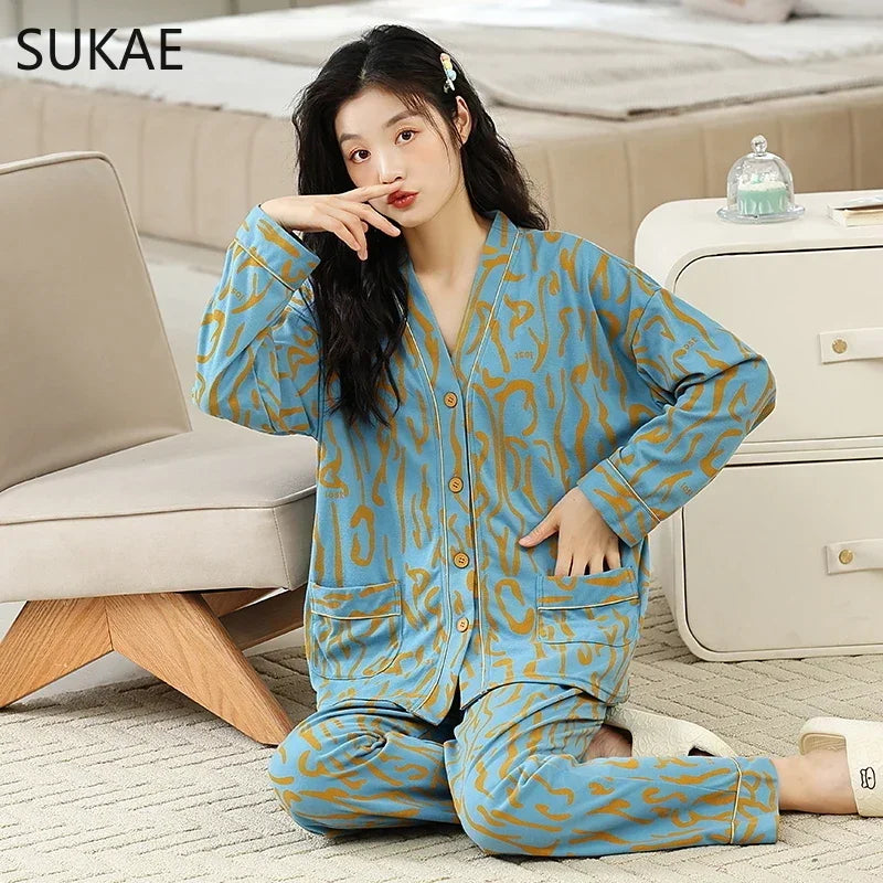 SUKAE New M-5XL Autumn Winter New Cotton Women Pajamas Lady Loungewear Kimono Cardigan Long Sleeves V-neck Homesuit