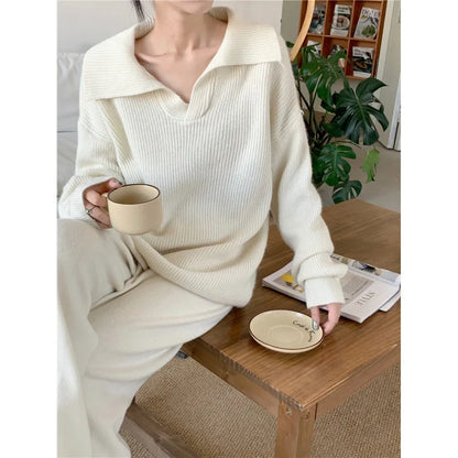 Autumn Cashmere Warm Soft Pants Suit Winter New Fashion Lapel V Neck Sweater Knitwear Casual Pants Women Two-piece Sets Elegant