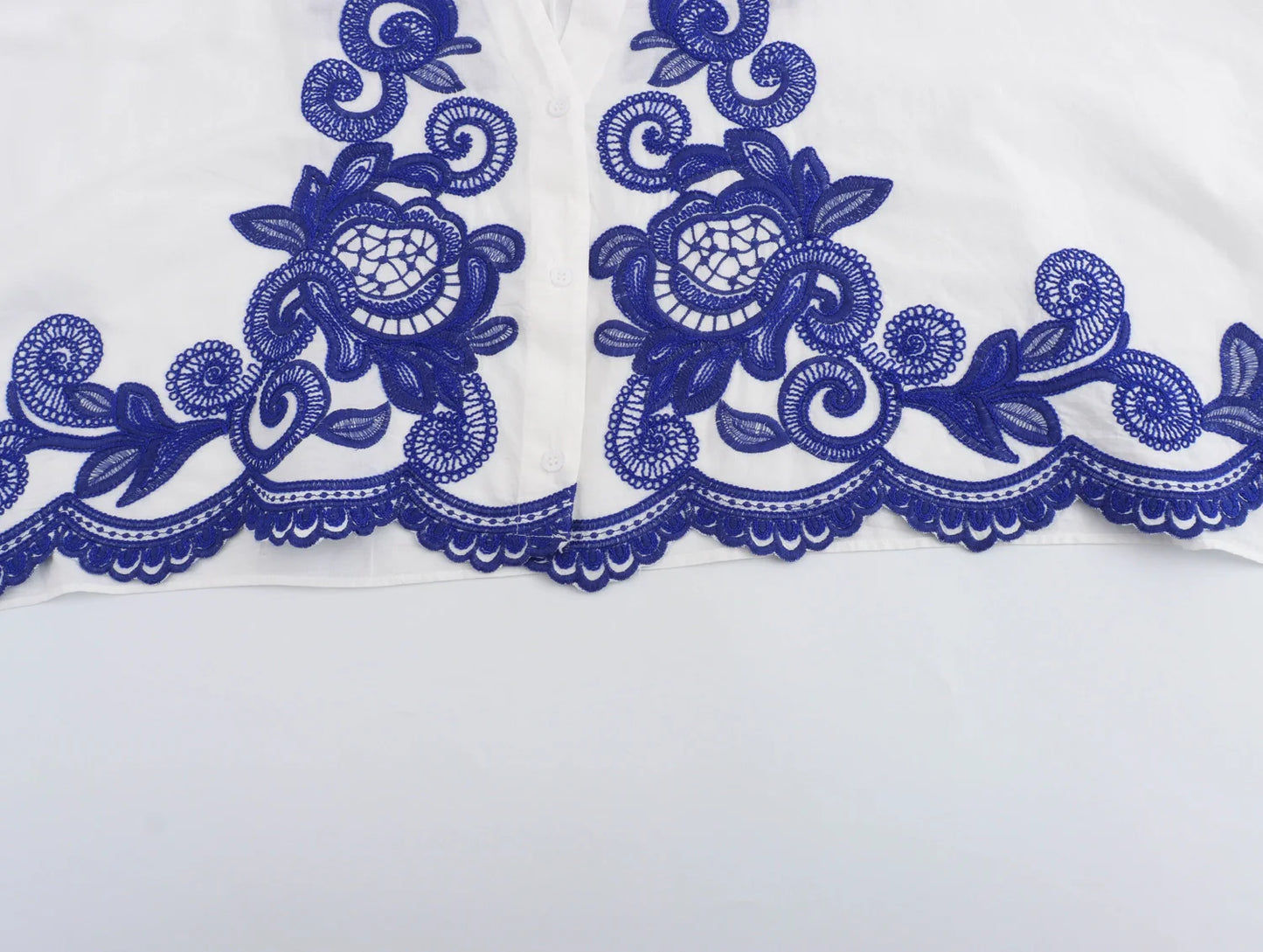 Jenny&Dave Vintage Blue Embroidered V-neck Moroccan Bohemian Blouse Women Top Summer Fashion Ladies Loose Shirt