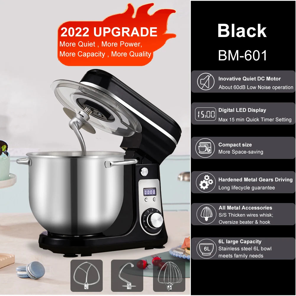 BioloMix Kitchen Food Stand Mixer, Blender, Quiet Motor, Cream Egg Whisk, Whip Dough Kneader, 6-Speed, 1200 W, 6 L, DC