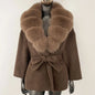 New Belt Pocket Winter Jacket Natural Real Raccoon Fox Fur Blends Wool Coat Women Loose Outerwear Casual Streetwear