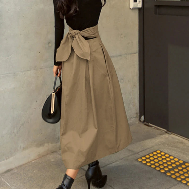 Skirts Womens Korean Fashion Solid Color Big Swing Ladies Skirt Long Skirt Autumn Wild High Waist Bow Slim Skirts