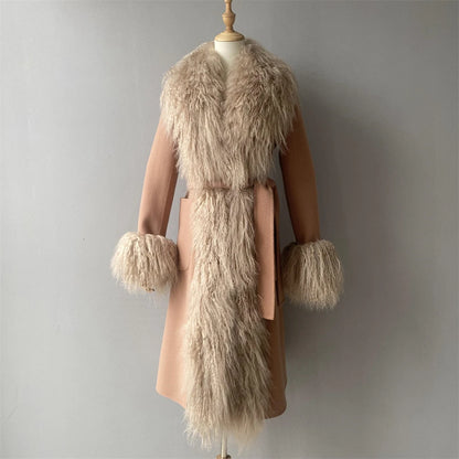 Women Mongolian Sheep Fur Coat Long Style Cashmere Jacket With Real Fur Trim Lady Autumn Winter Fashion Warm Outerwear