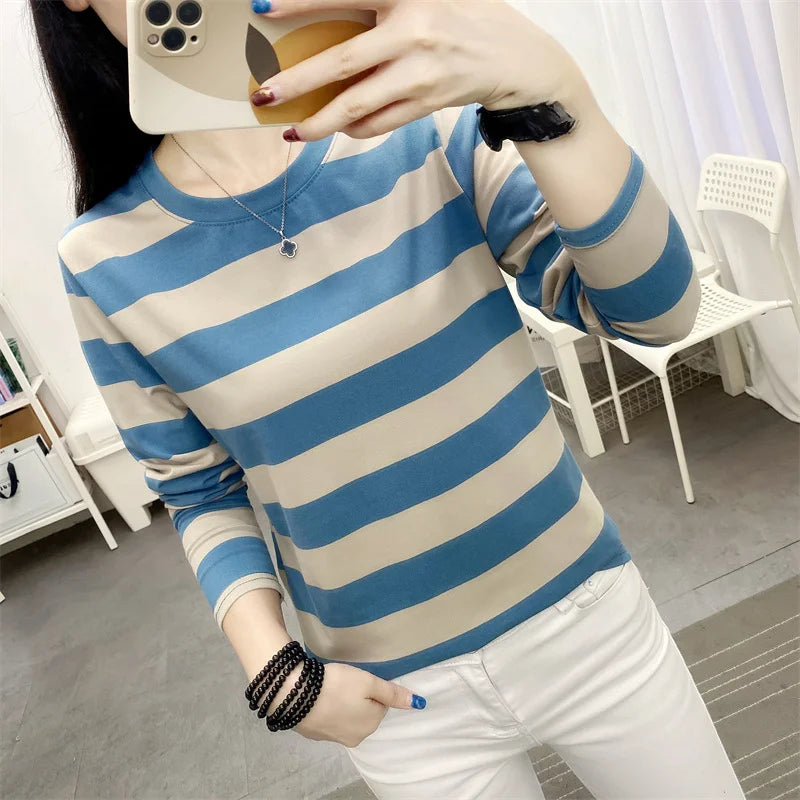 Autumn Loose Pure Cotton Long Sleeve T-shirt Women Clothing Middle-aged Mom Base Shirt Striped Top