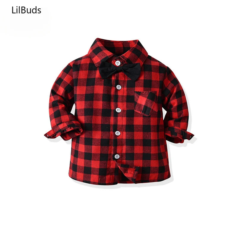 2025 Kids Boy Toddler Boys Plaid Gentleman Shirts Tops Long Sleeve Bowtie Lapel Blouse Children Costume Autumn Winter