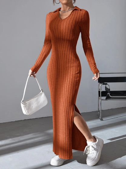 Women sexy knit V-neck reverse neck split dress autumn winter full sleeve elastic basic body sweater