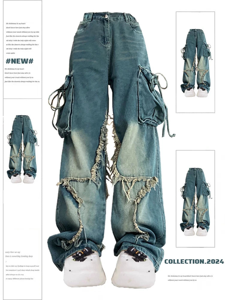 Women Blue Cargo Jeans Baggy Vintage 90s Aesthetic High Waist Cowboy Pants Harajuku Denim Trousers Y2k Trashy 2000s Clothes 2024