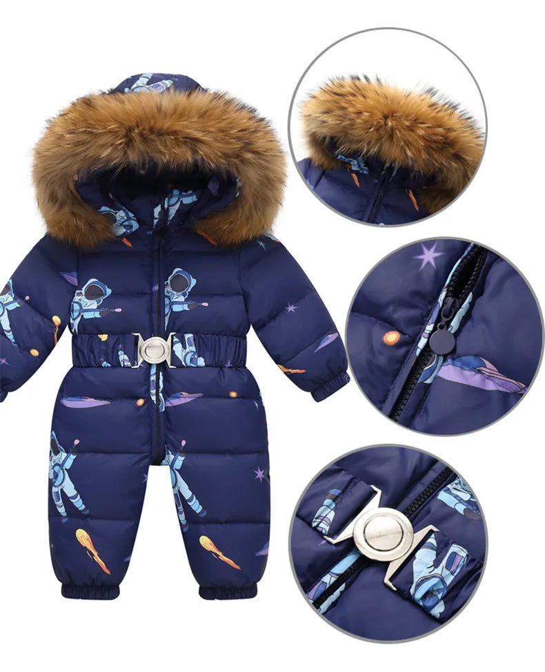 Children Winter Overalls Waterproof Hooded Girl Down Jacket Baby Boy Warm Jumpsuit Toddler Girl Faux Fur Ski Suit Kids Snowsuit