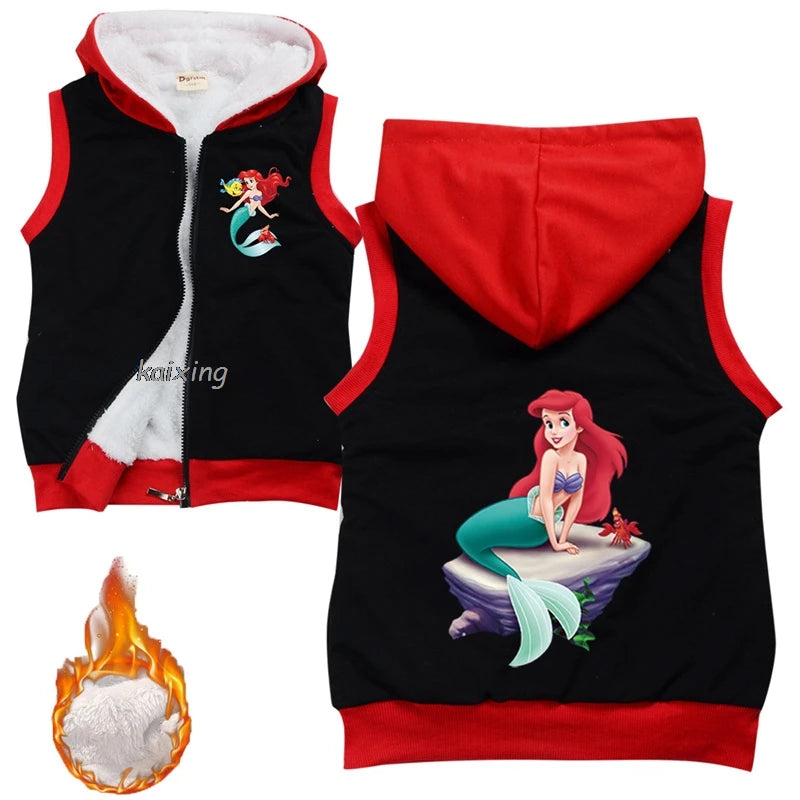 The Little Mermaid Ariel Children Vest Hoodes Sleeveless Jacket Winter Warm Baby Fur Waistcoat Outerwear Kids Girl Boy Clothes