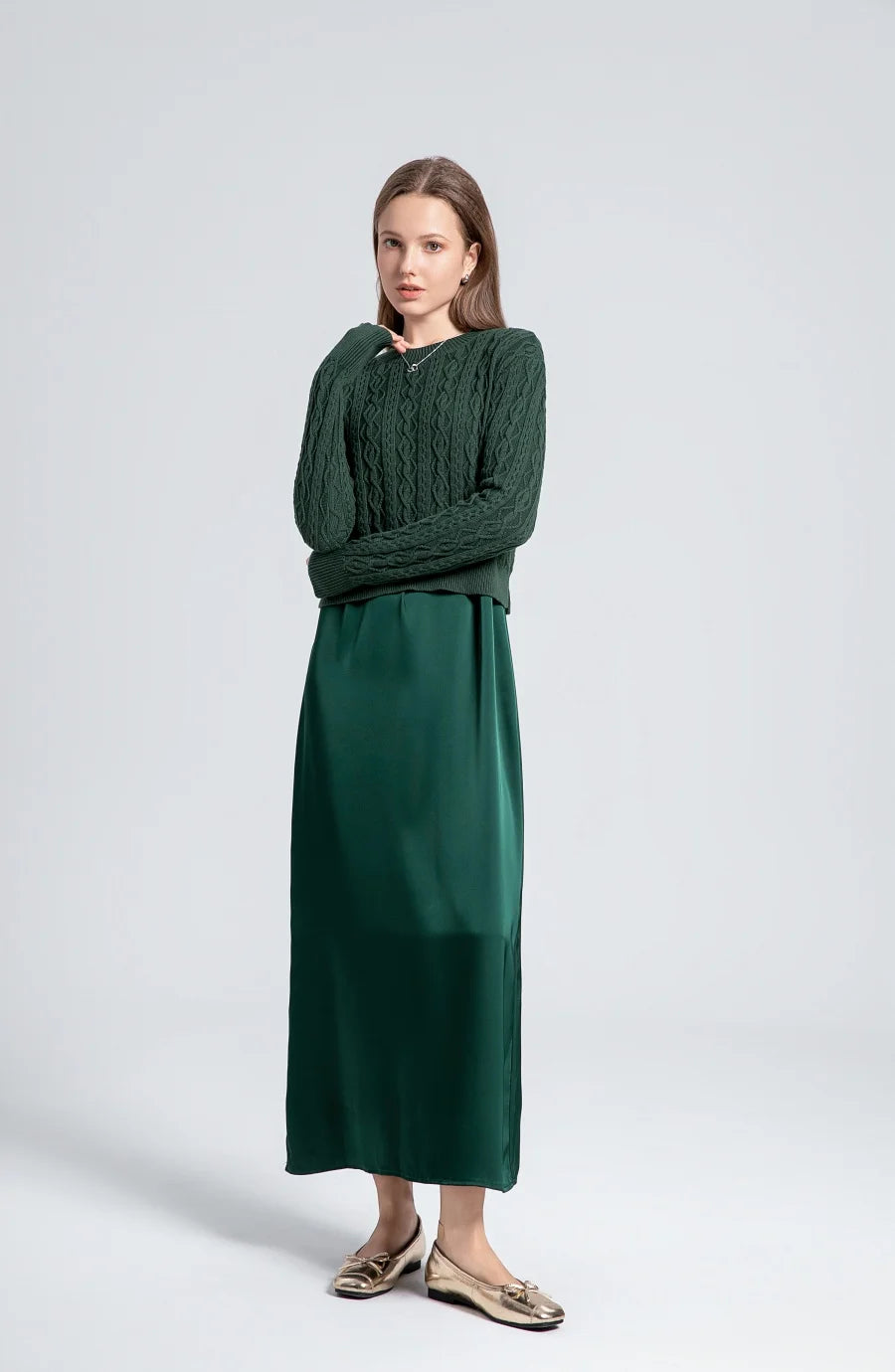 Winter set design woman clothing Cable knitted Tops + Satin Dress