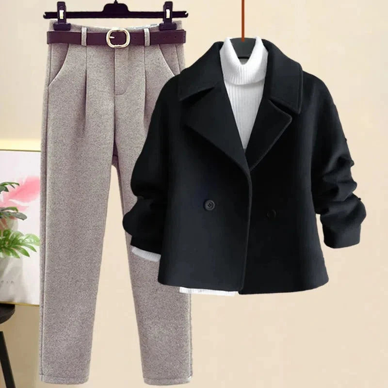 Autumn Winter Wool Suit Jacket Jacket Long Sleeve Knitted Sweater Casual Trousers Three Piece Set Elegant Women's Pant Set