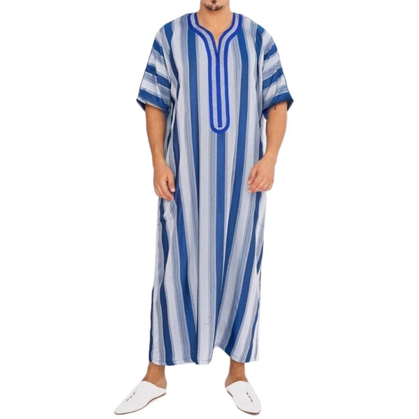 Men Short Sleeve Striped Robe Muslim Dress Middle East Jubba Thobe Saudi Arab Kaftan Caftans Traditional Muslim Clothing