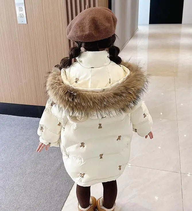 Kids Winter Jacket For Girls Little Bear Cartoon Thicken Children Embroidery Coat Baby Hooded Down Outwear