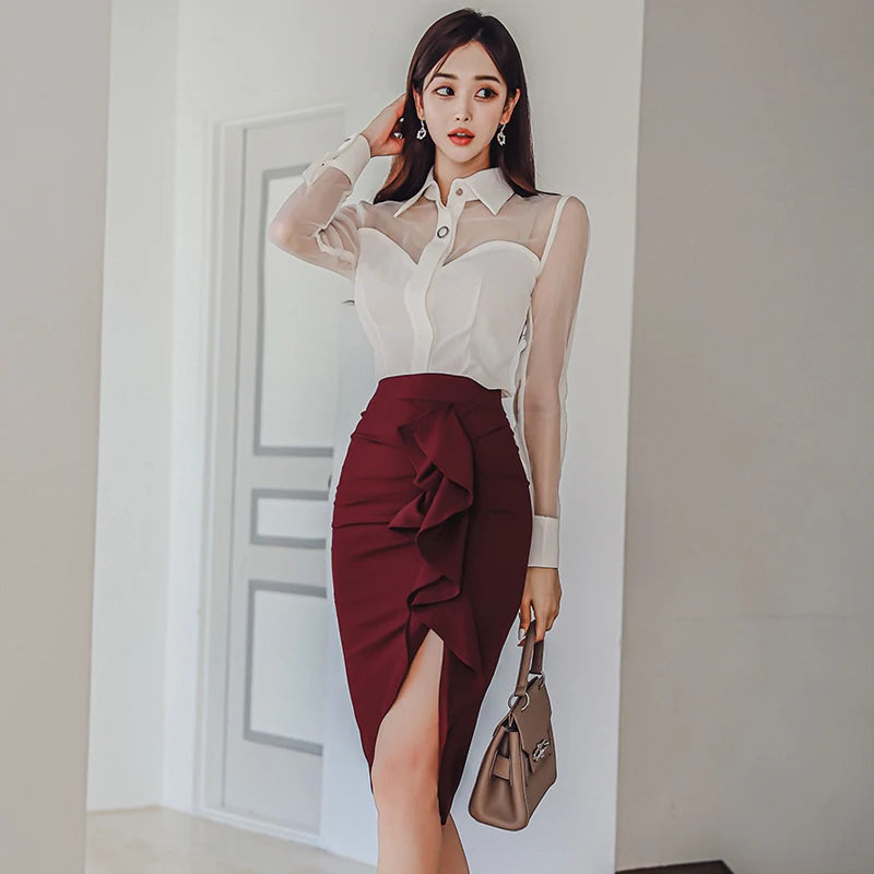 New Fashion Runway Fall Skirt Suit Women's White Blouse And Pencil Skirt 2 Two Pieces Set