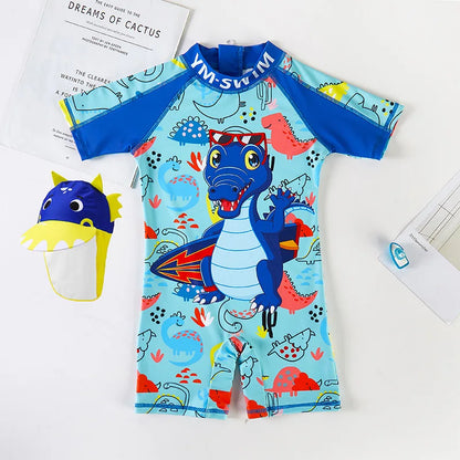 Baby Swimsuit One-Piece Bathing Suit Boy with Sun Cap UPF50 UV Protection Long Sleeve Dinosaur Children's Swimwear for Toddlers