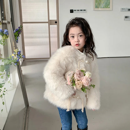 Little Girl Pink Faux Fur Jacket Coat Warm Winter Autumn Thick Fleece Outwear Fashion Kids Plush Outerwear Toddler Child Clothes