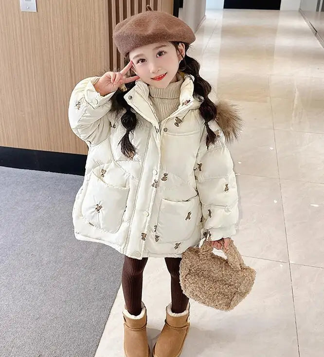 Kids Winter Jacket For Girls Little Bear Cartoon Thicken Children Embroidery Coat Baby Hooded Down Outwear