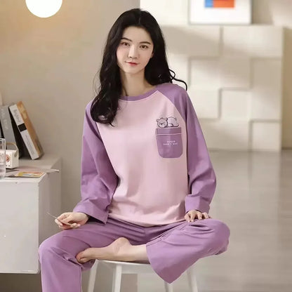 M-5XL Big Size Autumn Spring Pajamas Set for Women Kawaii Printing Sleepwear for Girl Fashion Long Sleeve O-neck Woman's Pijamas