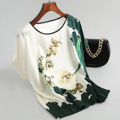 Plus Size Women Silk Satin Blouses Spring Summer Floral Printing Blouse Female Fashion Shirt Tops