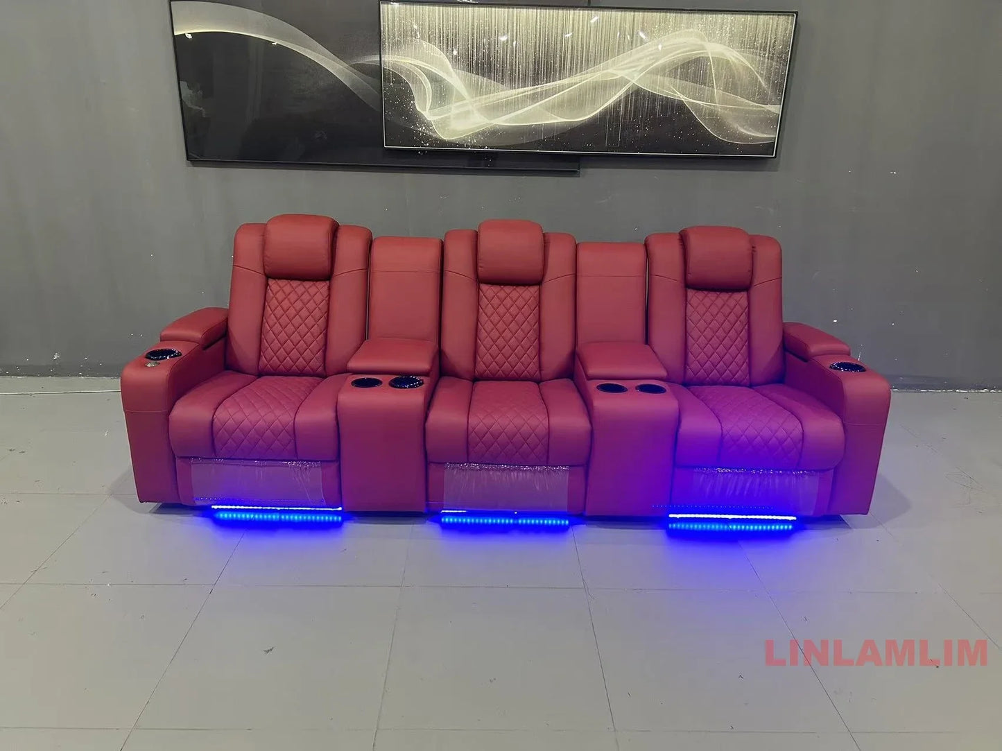 Linlamlim Luxury 3-Seat Recliner Sofa with Cup Holders, Leather Home Theater Seating, Cinema Recliner Couch with Center Console