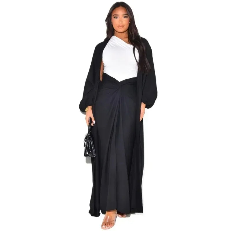 Autumn Winter Fashion Two Piece Set Muslim Women Elegant Solid Long Cardigan Twisted Skirt Two Piece Set