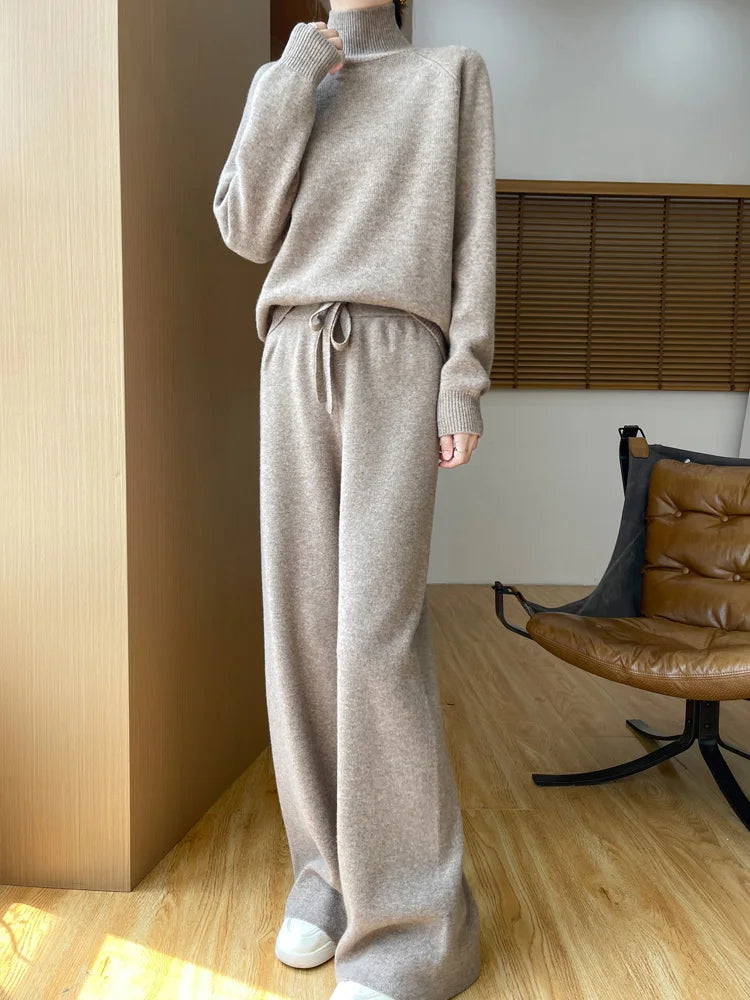 Two Piece Set 100% Wool Gray Series Elements Women's winter Loose Casual Knitted High Collar Sweater Wide Leg Pants Fashion Suit