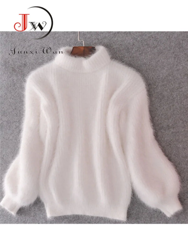 White Mohair Thicken Turtleneck Sweater Autumn Winter Sweet Fashion Lantern Sleeve Casual Solid Color Pullover pull femme