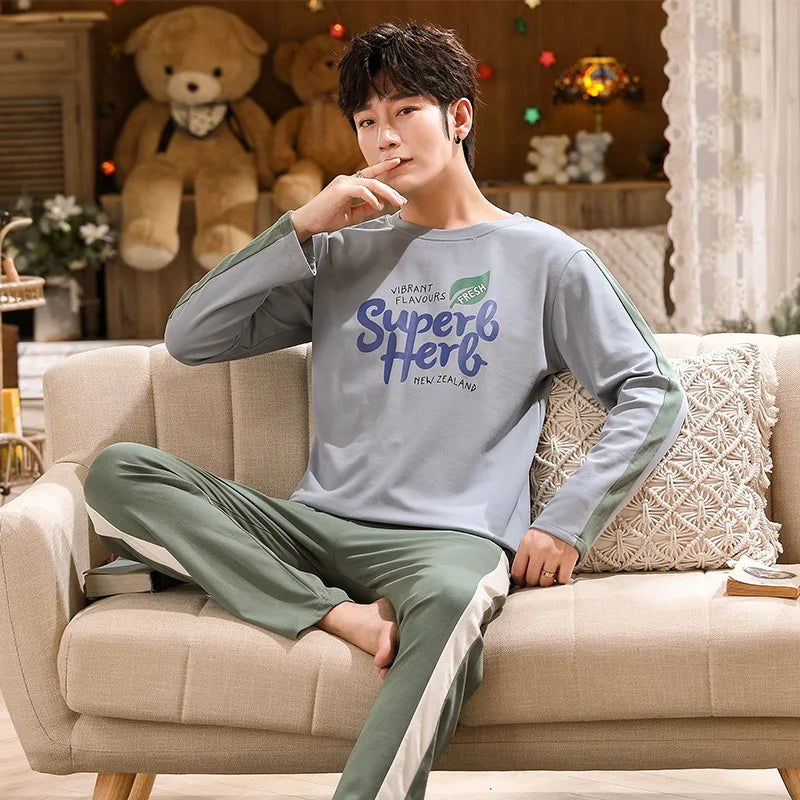 100% Cotton Men Pajamas Set Long Sleeve Pijama for Male S-XXXL Size Homewear Pure Cotton Loungewear Nightie Sleepwear Man Pyjama