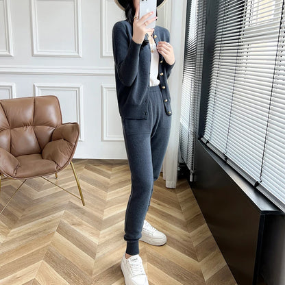 Fashion Two-piece Suit 100% Cashmere Suit Women's Round Neck Cardigan Casual Pants Autumn/Winter New Solid color Female Set