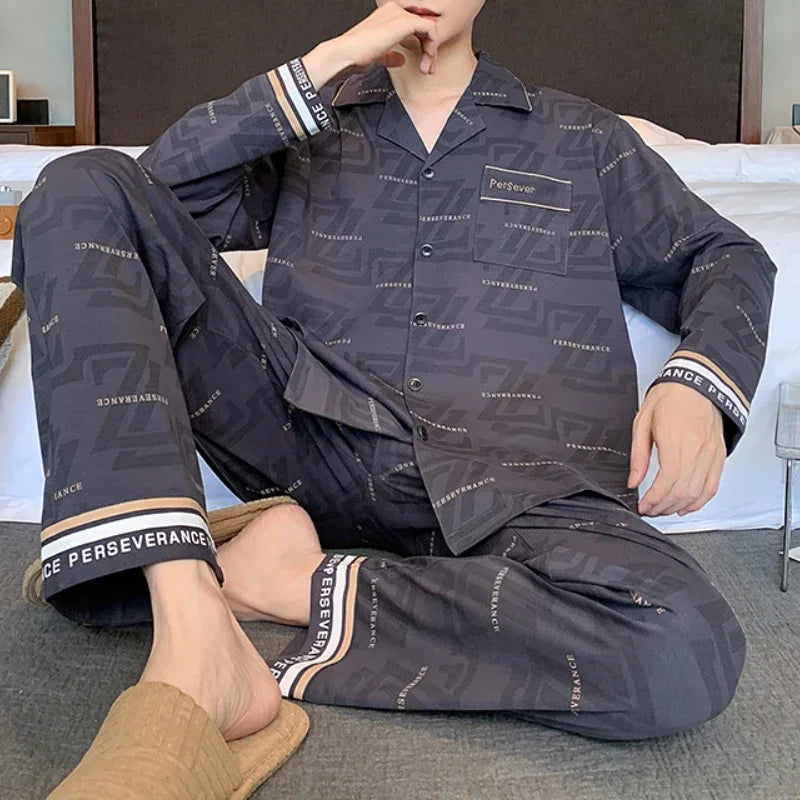 Spring Autunm Plus 5XL Knitted Pjs Turn-down Men‘s Pajama Sets Cardigan Male Pyjamas Plaid Loungewear Sleepwear Homewear Fashion