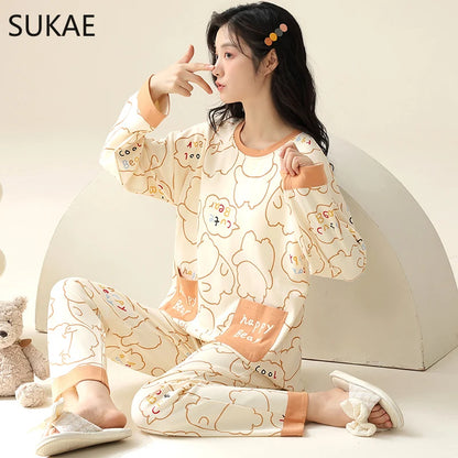 SUKAE M-5XL Big Size Women Pajama Set Autumn Winter New Cotton Long Sleeves Woman Sleepwear Casual Girl Pijama Cartoon Nightwear