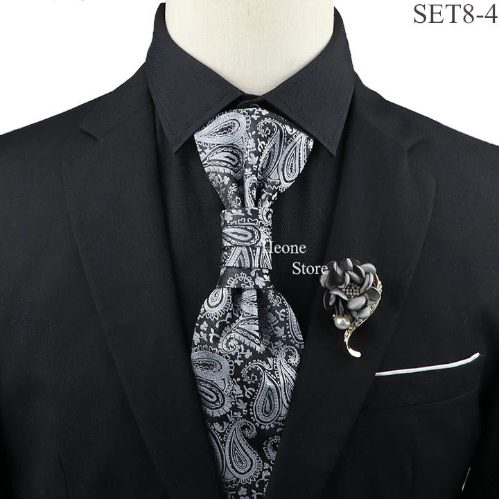 New Men's Premium Paisley Tie Brooch Set Red Black Blue Ajustable Neck Tie Luxury Classic Suit Tuxedo Groom Wedding Accessories