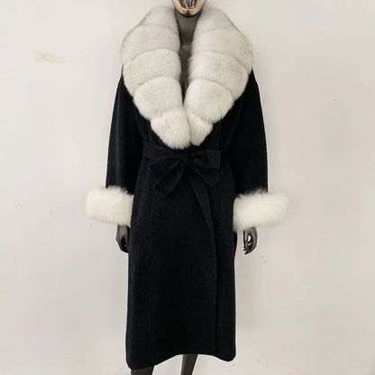 Wool Coat Women New Autumn Winter Real Fox Fur Jacket Female Long Warm Natural Fox Fur Collar Fur Cuffs