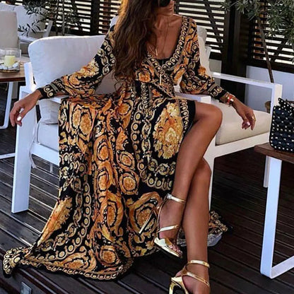 Womens Boho V-Neck Printed Sundress Long Maxi Dress for Summer Loose Party Beach Holiday Casual Long Dress Beach Dress