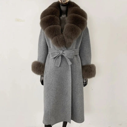 Wool Coat Women New Autumn Winter Real Fox Fur Jacket Female Long Warm Natural Fox Fur Collar Fur Cuffs