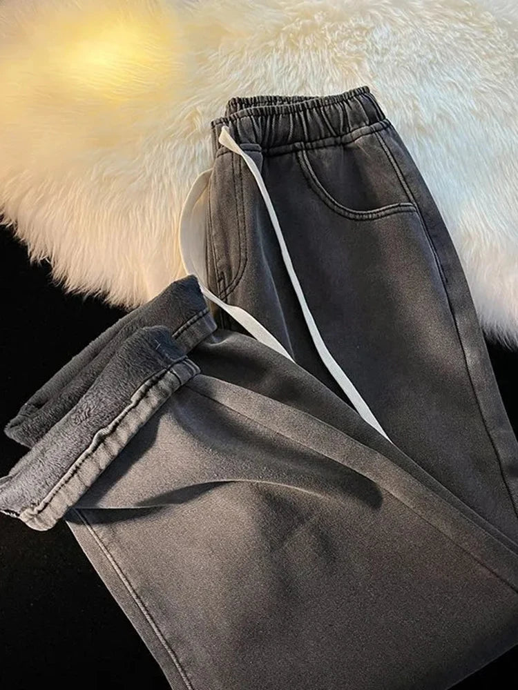 Thicken Velvet Lined Casual Wide Leg Jean  Warm Fashion High Waist Cowboy New Vaqueros Winter Basic Snow Wear Women Denim Pants