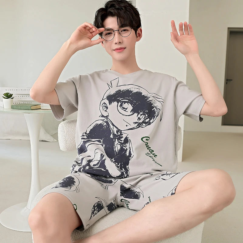 2025 Summer Men’s Sleepwear Cotton Cartoon Pajamas Sets For Man Short Loungewear Young Home Wear Fasion Student Pyjama Set Homme