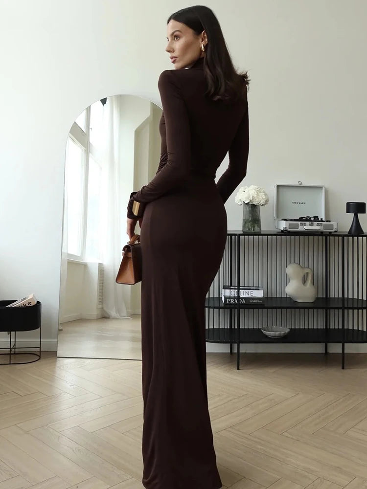 Mozision Turtleneck Thigh High Split Sexy Maxi Dress For Women Fashion Long Sleeve Draped Bandage Bodycon Club Long Dress